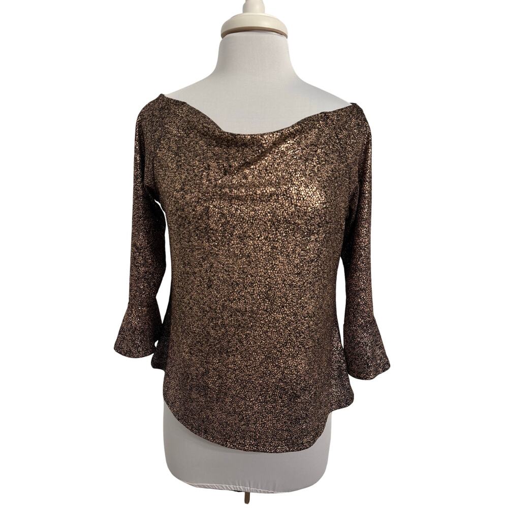 M&S‎ Collection Women’s Copper Glitter Glam Bell Sleeve Boat Neck Drape Neck Lg